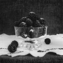 Black and white photograph of the cup of blackberries