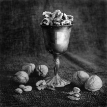 Black and white photograph of a goblet filld with walnuts